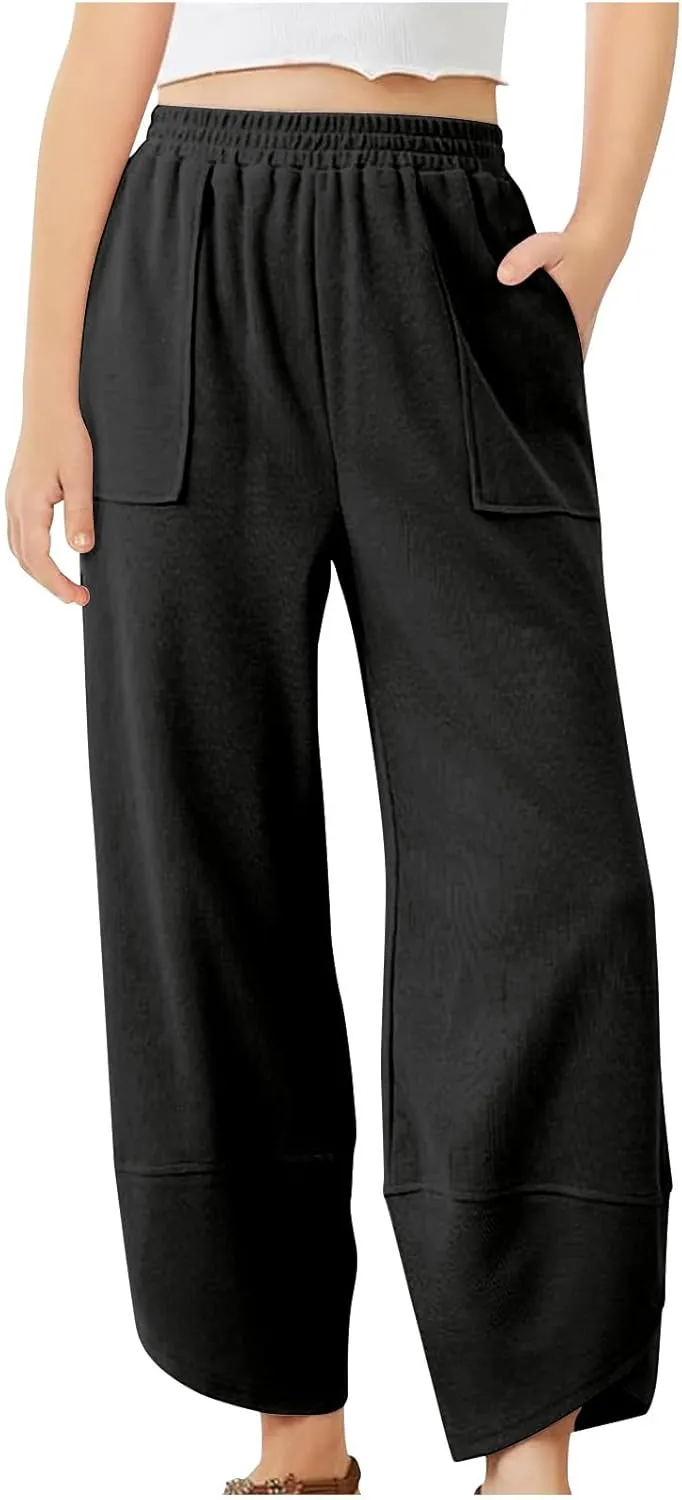 Teen Girls Palazzo Pants 2025 Summer Casual Cotton Linen Trousers Lightweight Elastic Waist Preppy Solid Loose Pant