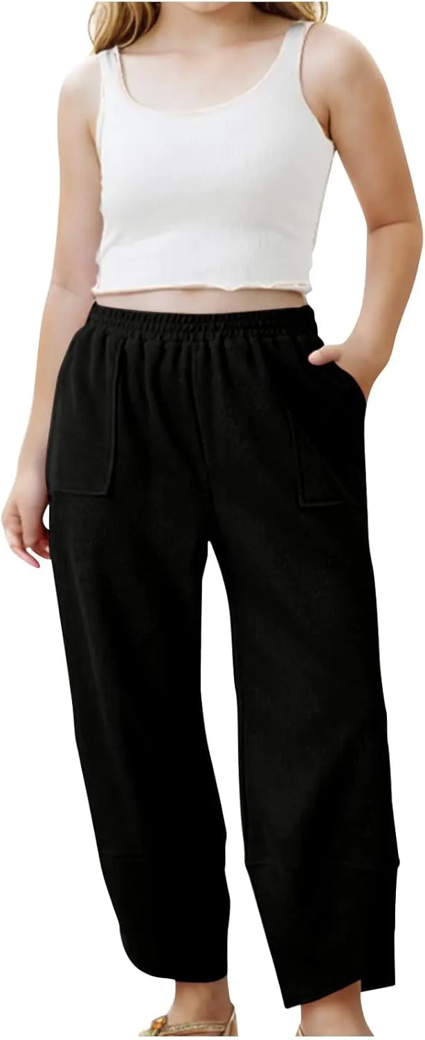 Teen Girls Palazzo Pants 2025 Summer Casual Cotton Linen Trousers Lightweight Elastic Waist Preppy Solid Loose Pant