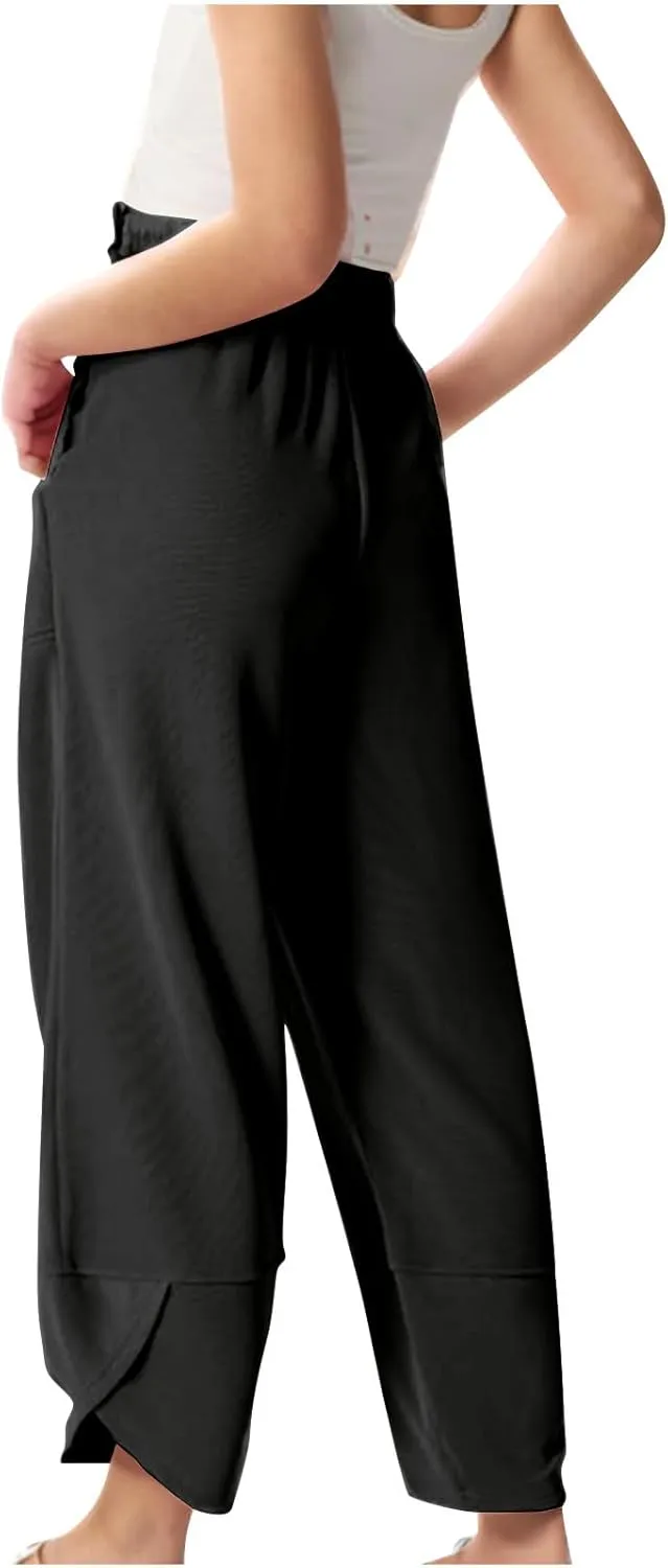 Teen Girls Palazzo Pants 2025 Summer Casual Cotton Linen Trousers Lightweight Elastic Waist Preppy Solid Loose Pant