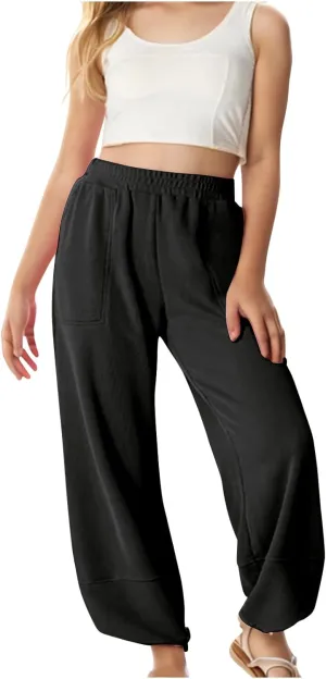 Teen Girls Palazzo Pants 2025 Summer Casual Cotton Linen Trousers Lightweight Elastic Waist Preppy Solid Loose Pant