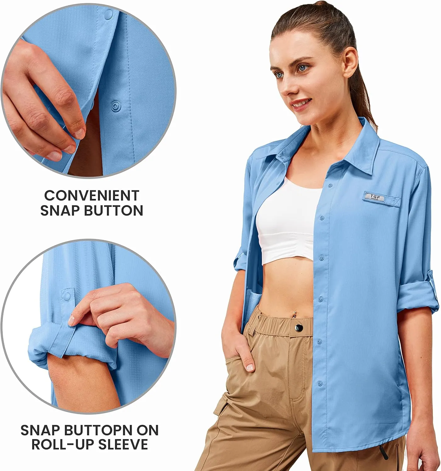 TGF Women's Sun Protection Fishing Shirts Long Sleeve Button Up Shirt with Zipper Pockets for Traveling Hiking Camping