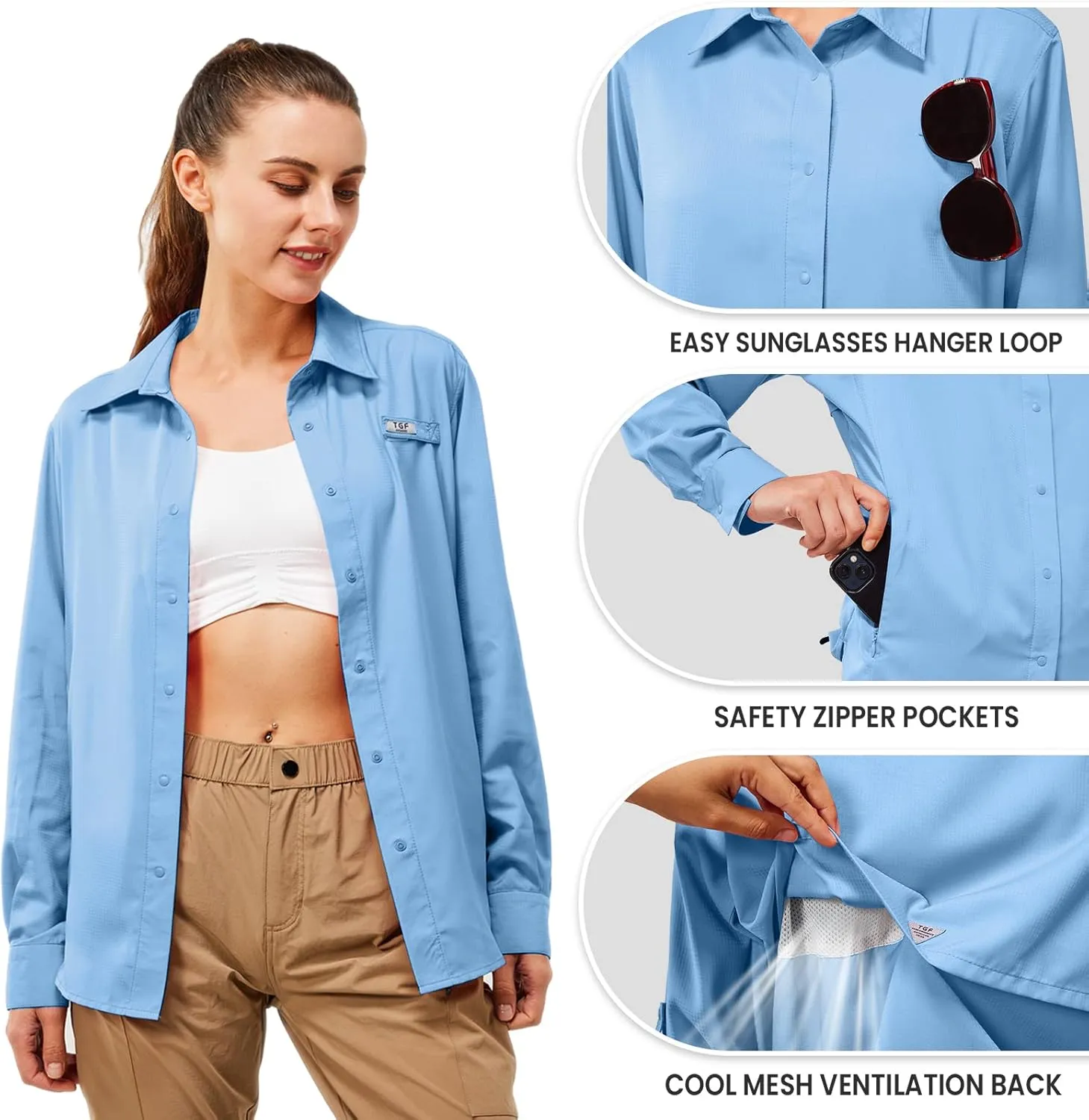 TGF Women's Sun Protection Fishing Shirts Long Sleeve Button Up Shirt with Zipper Pockets for Traveling Hiking Camping
