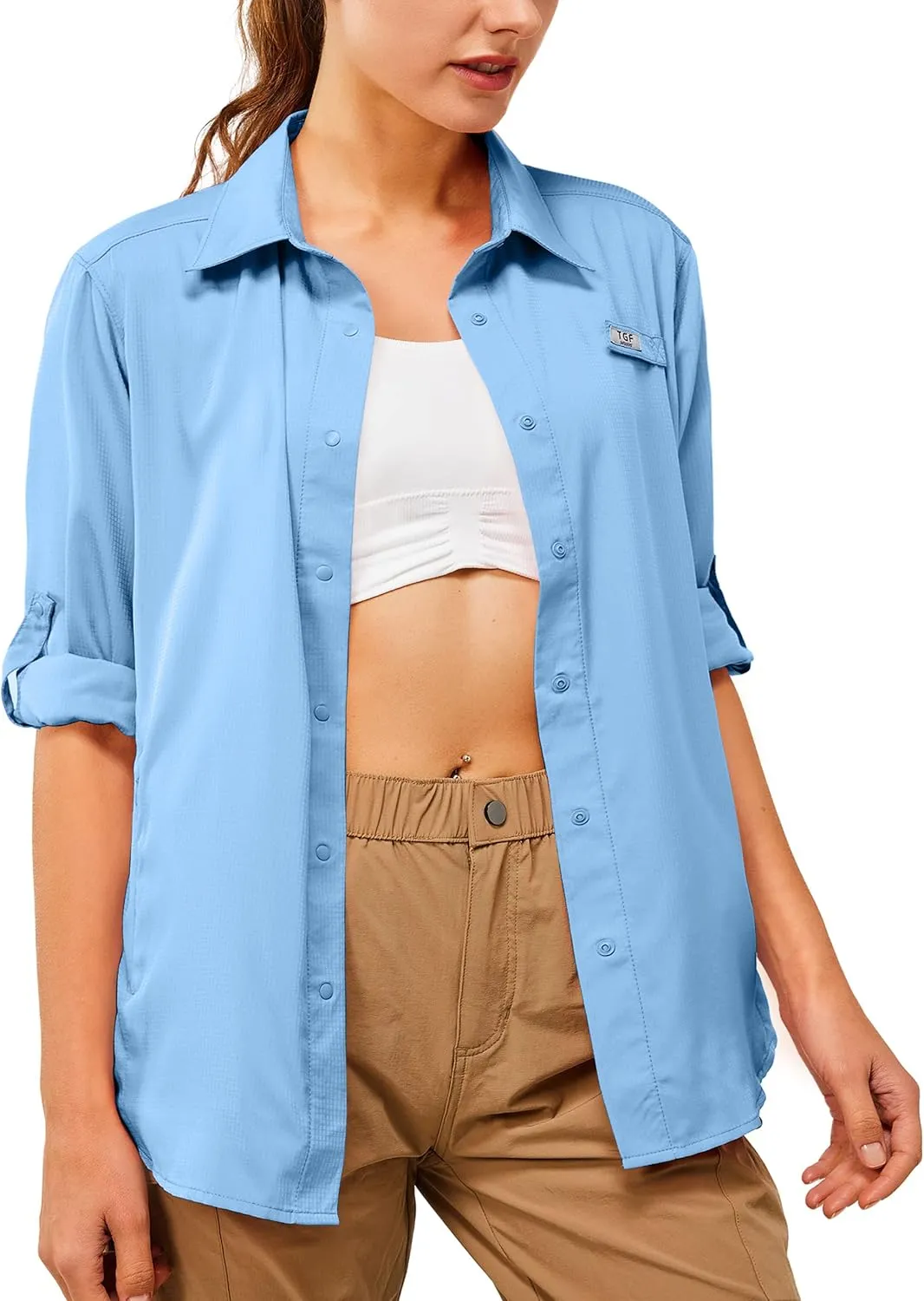 TGF Women's Sun Protection Fishing Shirts Long Sleeve Button Up Shirt with Zipper Pockets for Traveling Hiking Camping