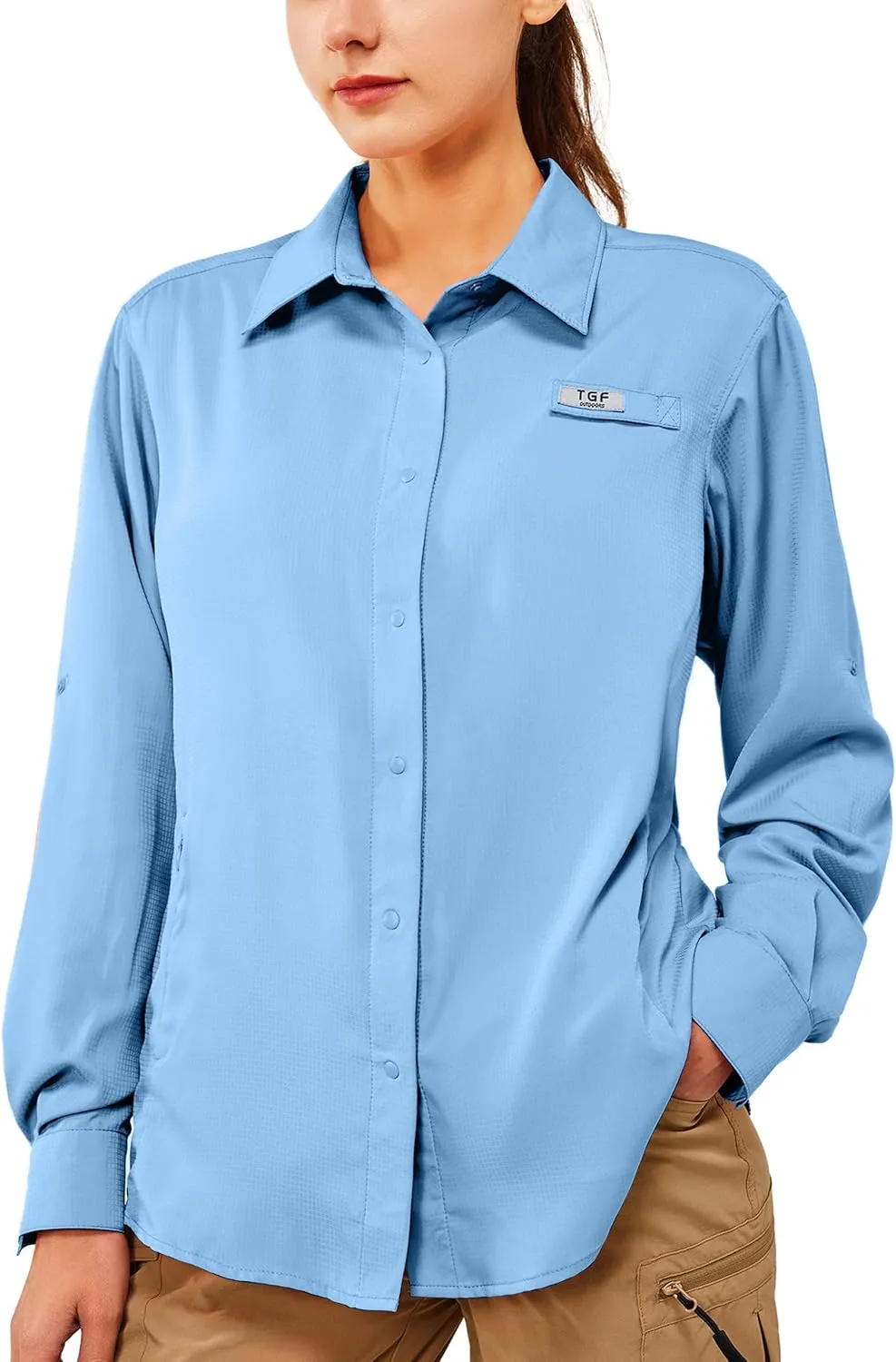 TGF Women's Sun Protection Fishing Shirts Long Sleeve Button Up Shirt with Zipper Pockets for Traveling Hiking Camping