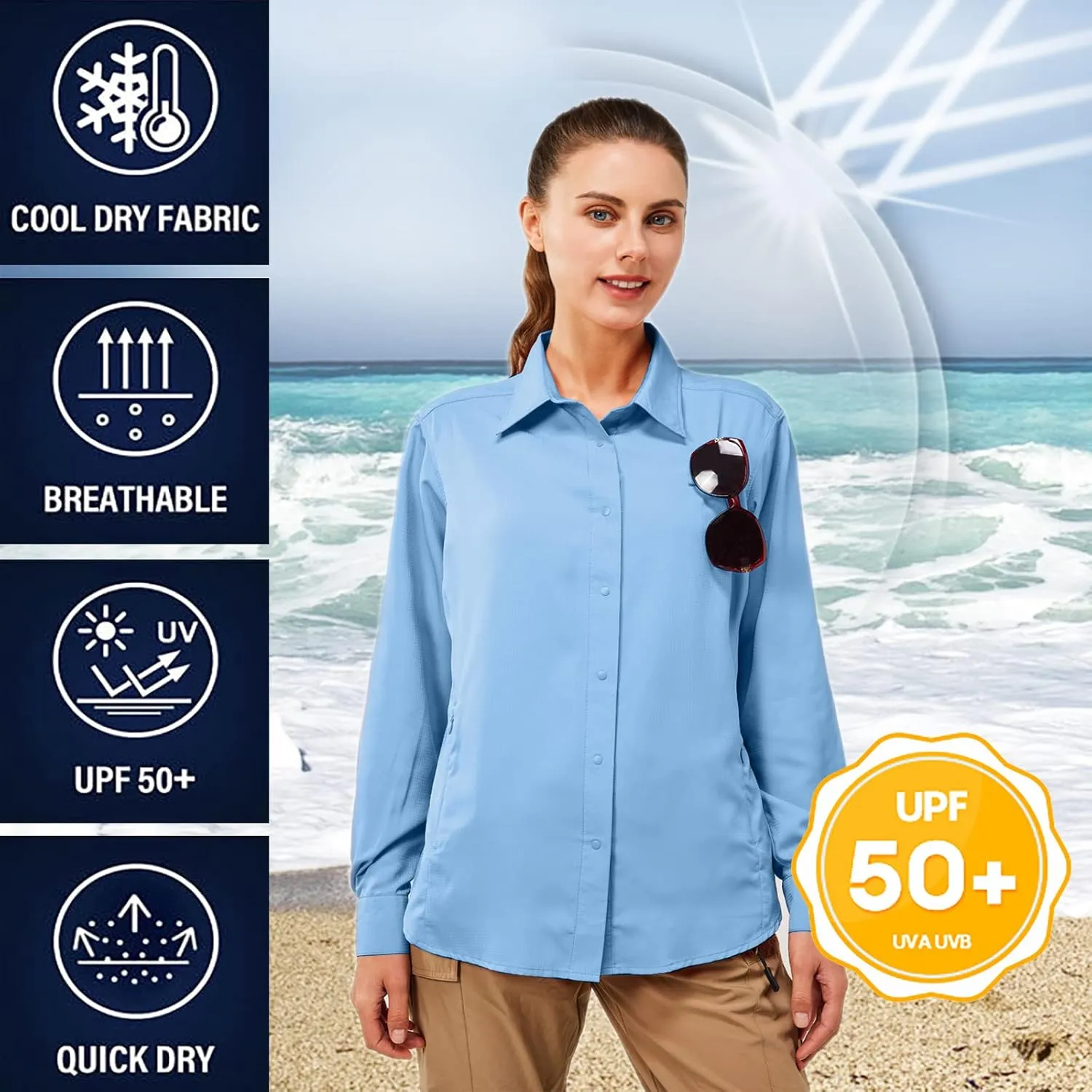 TGF Women's Sun Protection Fishing Shirts Long Sleeve Button Up Shirt with Zipper Pockets for Traveling Hiking Camping