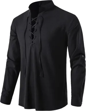 TOONRAIN Men's Linen Medieval Gothic Renaissance Shirt, Retro Lace-up Long Sleeve Shirts for Viking Pirate Hippie Costume