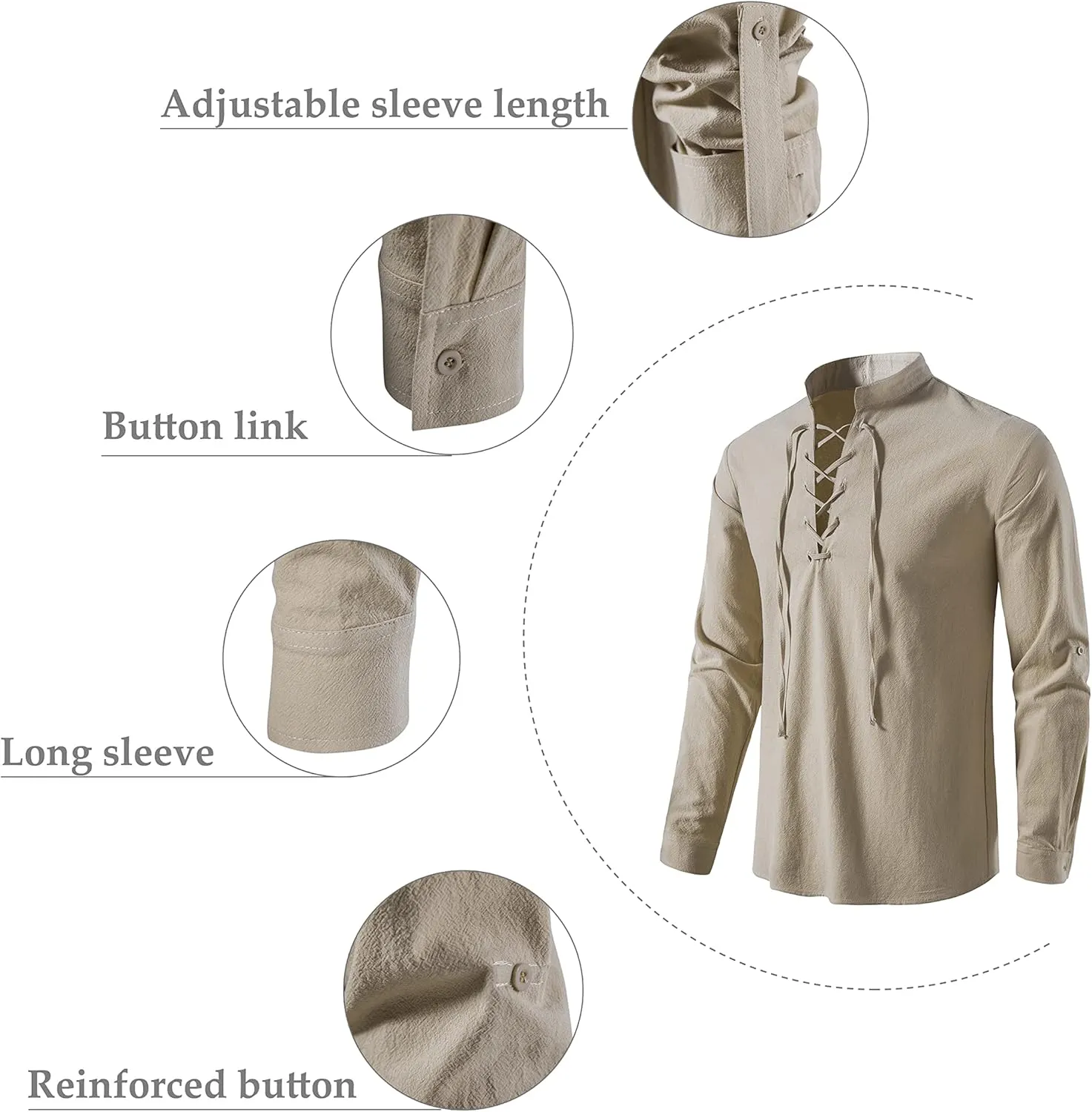 TOONRAIN Men's Linen Medieval Gothic Renaissance Shirt, Retro Lace-up Long Sleeve Shirts for Viking Pirate Hippie Costume