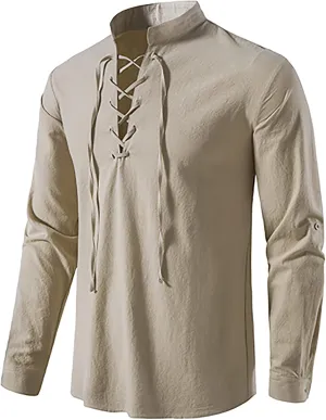 TOONRAIN Men's Linen Medieval Gothic Renaissance Shirt, Retro Lace-up Long Sleeve Shirts for Viking Pirate Hippie Costume