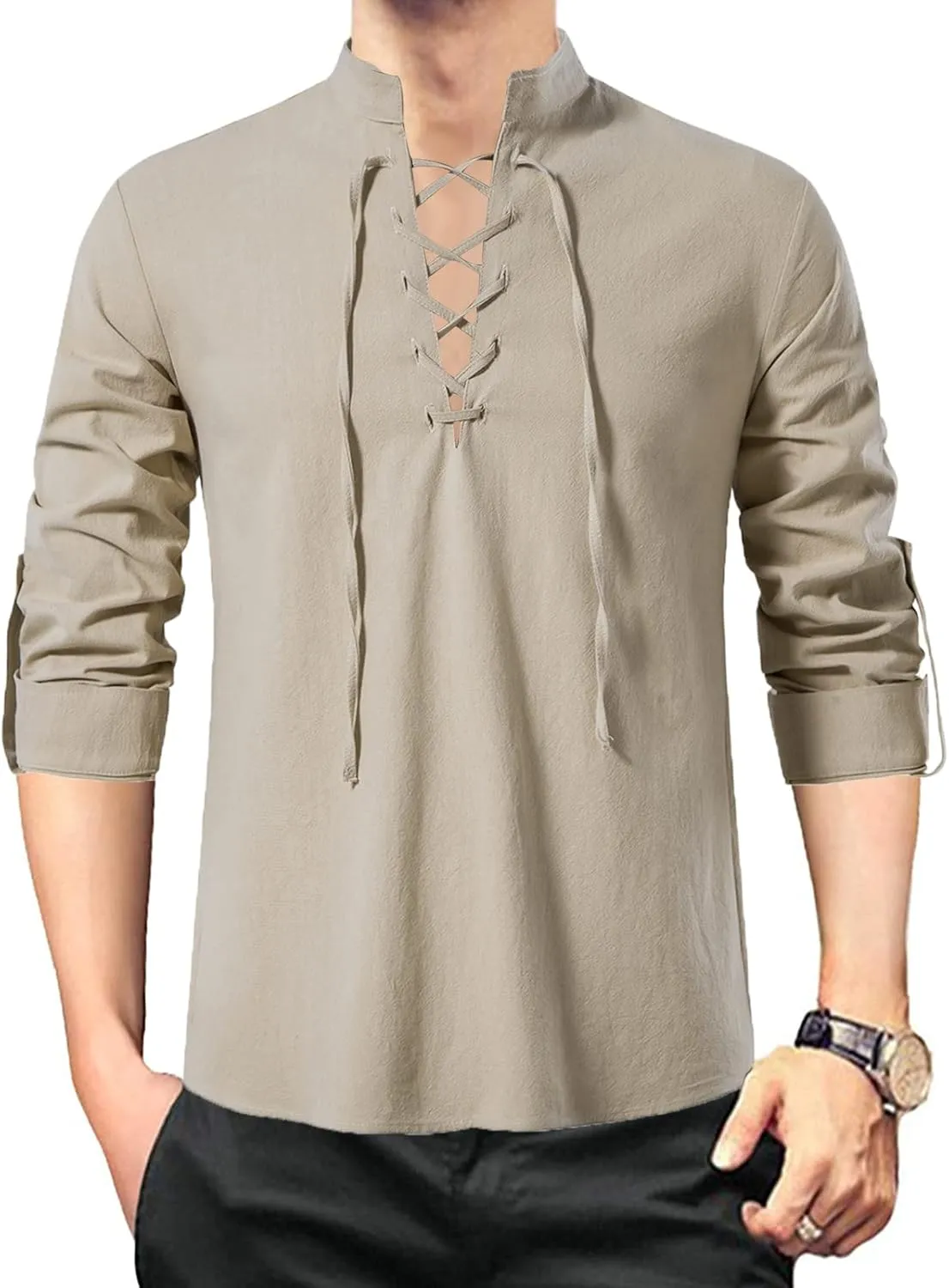 TOONRAIN Men's Linen Medieval Gothic Renaissance Shirt, Retro Lace-up Long Sleeve Shirts for Viking Pirate Hippie Costume