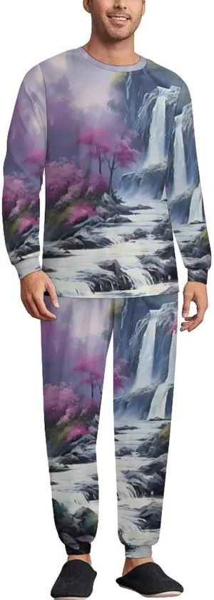 Tropical Jungle Waterfall Painting Men's Pajamas Sets Round Neck Long Sleeve Shirts And Bottoms 2 Piece Pjs Loungewear