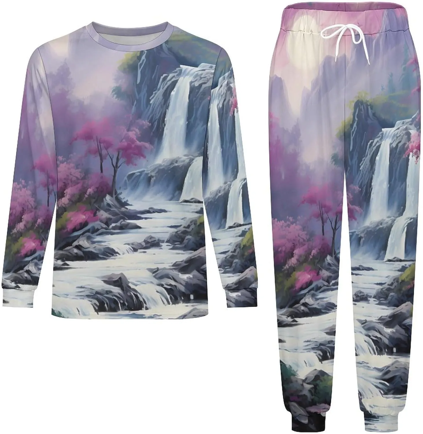 Tropical Jungle Waterfall Painting Men's Pajamas Sets Round Neck Long Sleeve Shirts And Bottoms 2 Piece Pjs Loungewear
