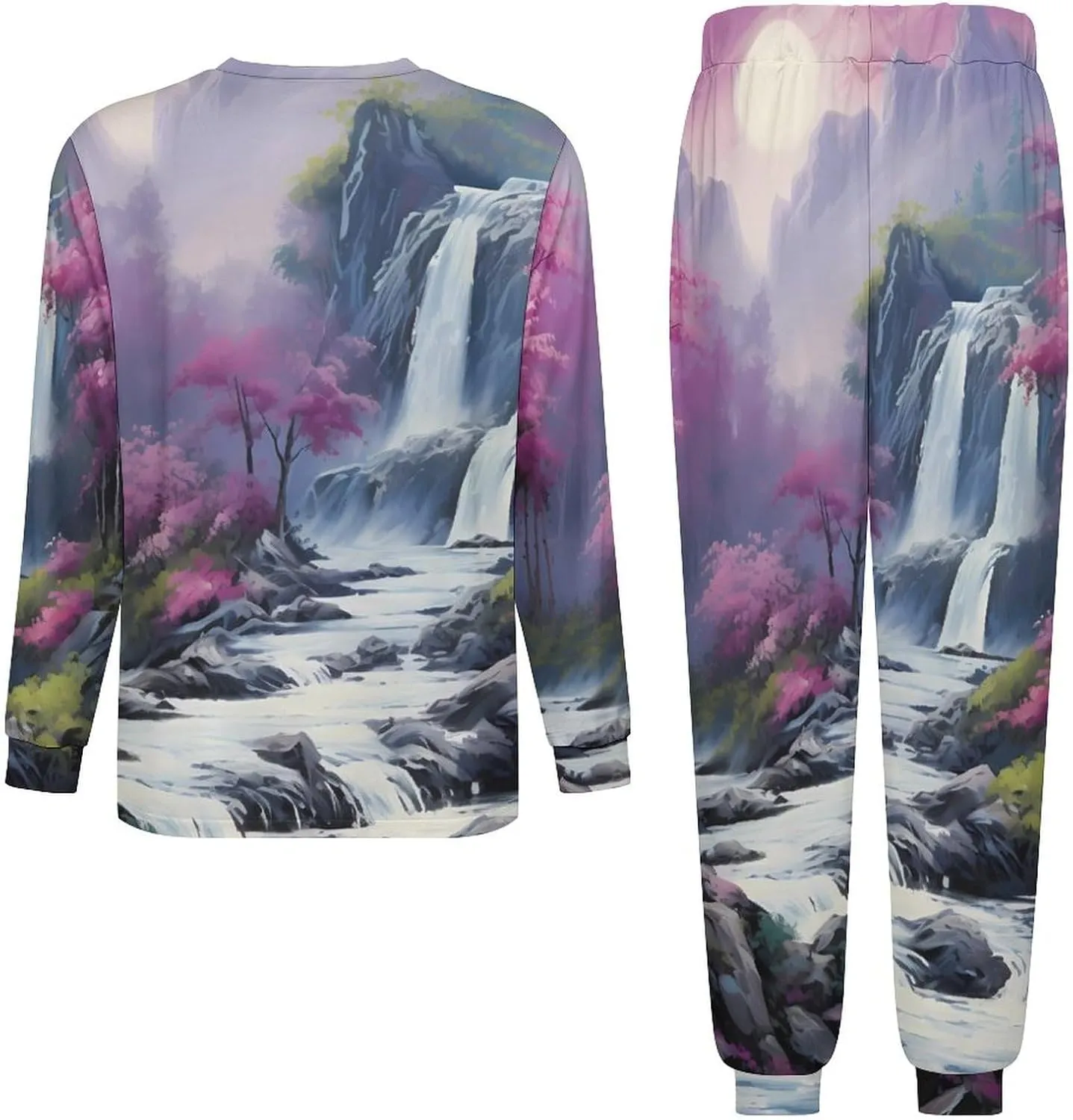 Tropical Jungle Waterfall Painting Men's Pajamas Sets Round Neck Long Sleeve Shirts And Bottoms 2 Piece Pjs Loungewear