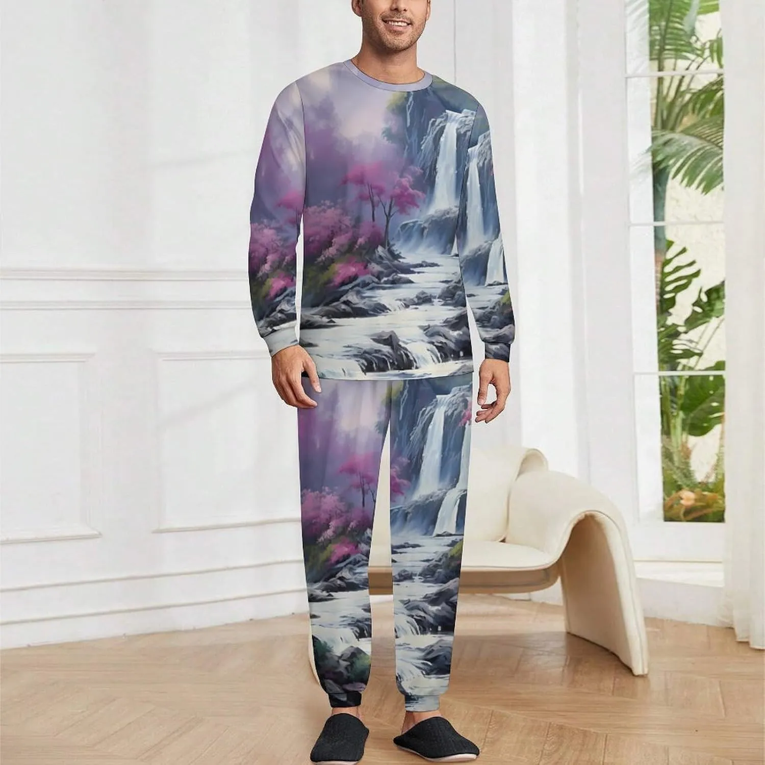 Tropical Jungle Waterfall Painting Men's Pajamas Sets Round Neck Long Sleeve Shirts And Bottoms 2 Piece Pjs Loungewear