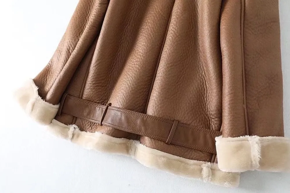 Turn Down Collar Faux Leather Long-Sleeved Belted Jacket