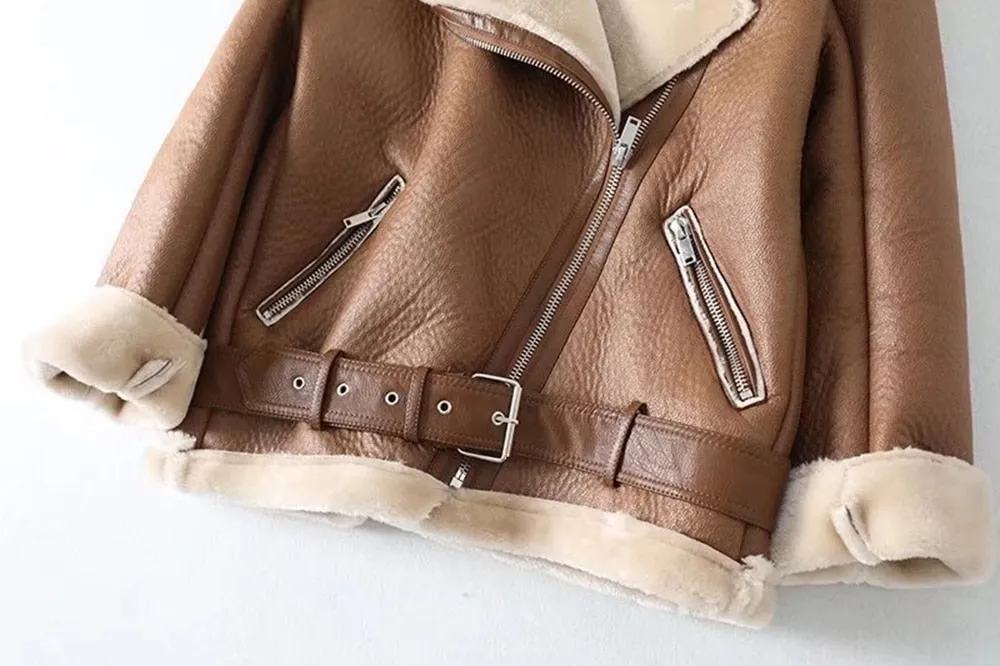 Turn Down Collar Faux Leather Long-Sleeved Belted Jacket