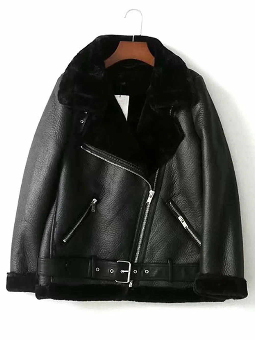 Turn Down Collar Faux Leather Long-Sleeved Belted Jacket