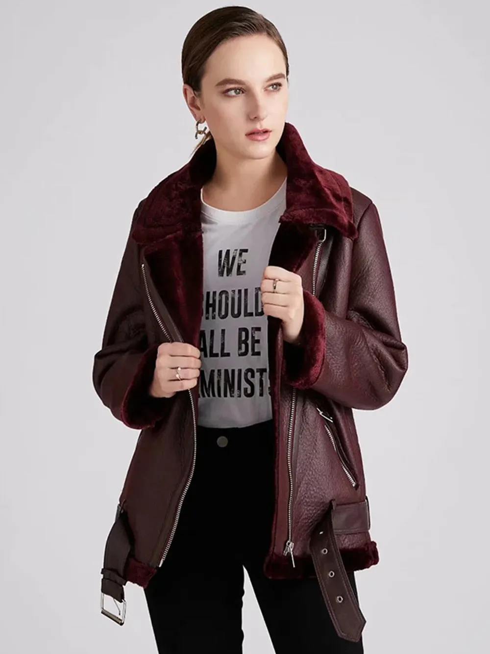 Turn Down Collar Faux Leather Long-Sleeved Belted Jacket