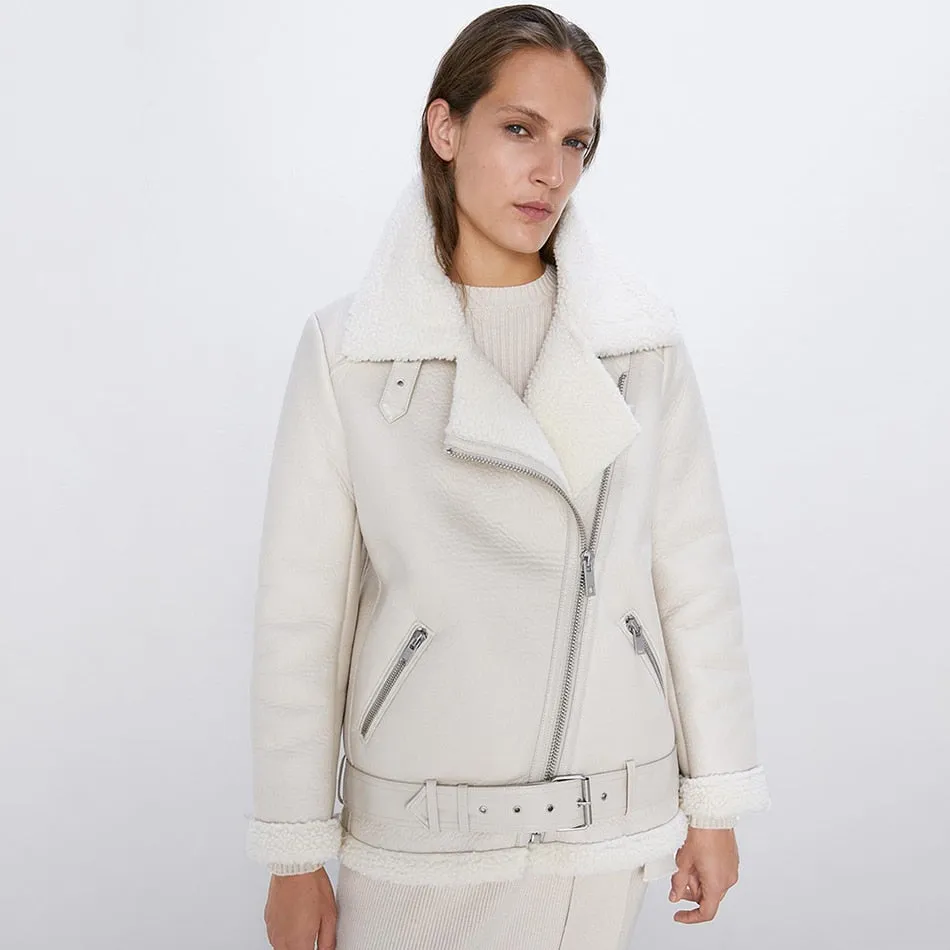 Turn Down Collar Faux Leather Long-Sleeved Belted Jacket