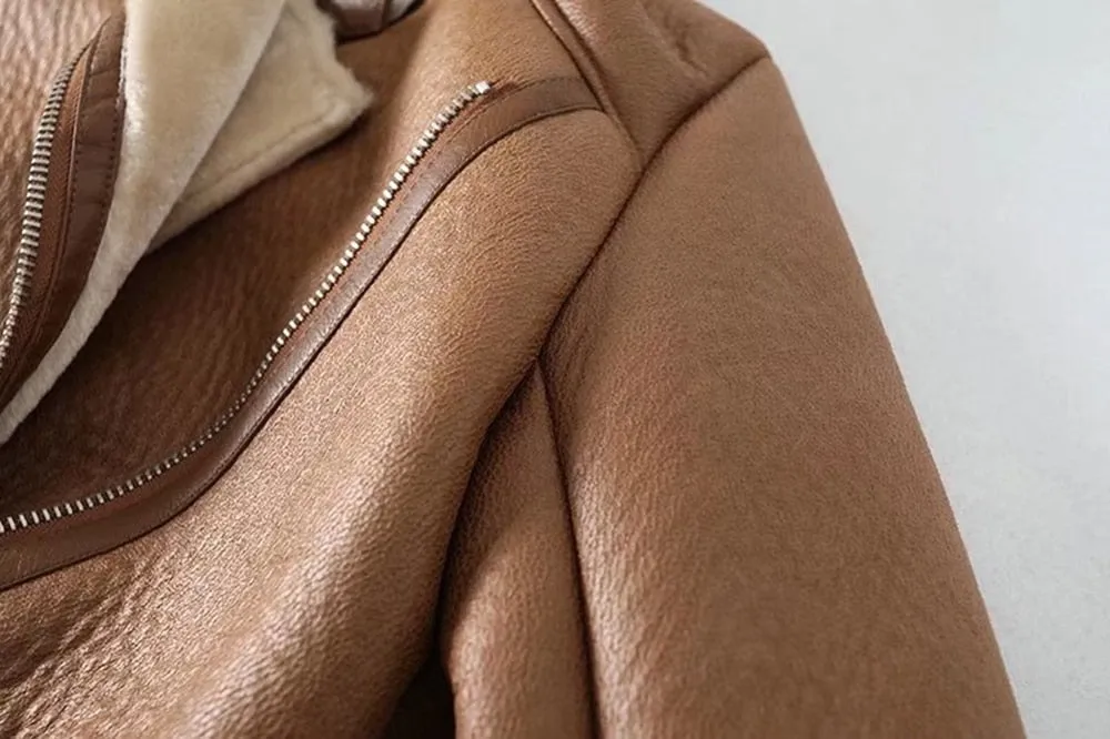 Turn Down Collar Faux Leather Long-Sleeved Belted Jacket