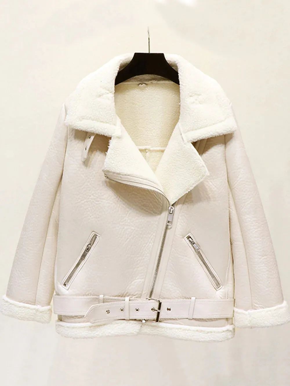 Turn Down Collar Faux Leather Long-Sleeved Belted Jacket