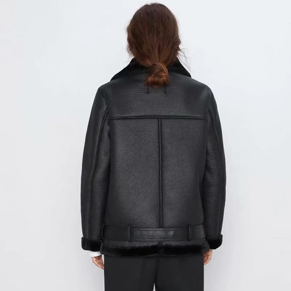 Turn Down Collar Faux Leather Long-Sleeved Belted Jacket