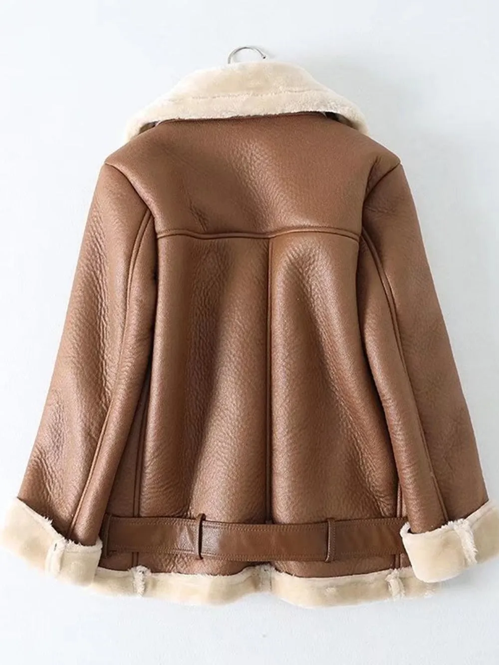 Turn Down Collar Faux Leather Long-Sleeved Belted Jacket
