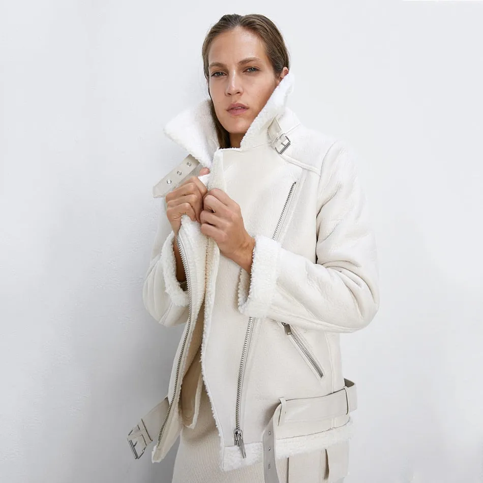 Turn Down Collar Faux Leather Long-Sleeved Belted Jacket