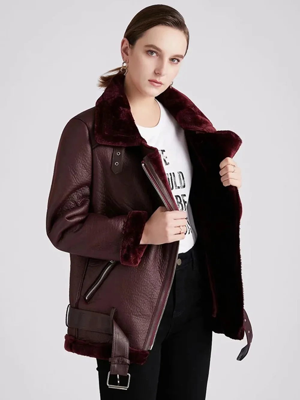 Turn Down Collar Faux Leather Long-Sleeved Belted Jacket