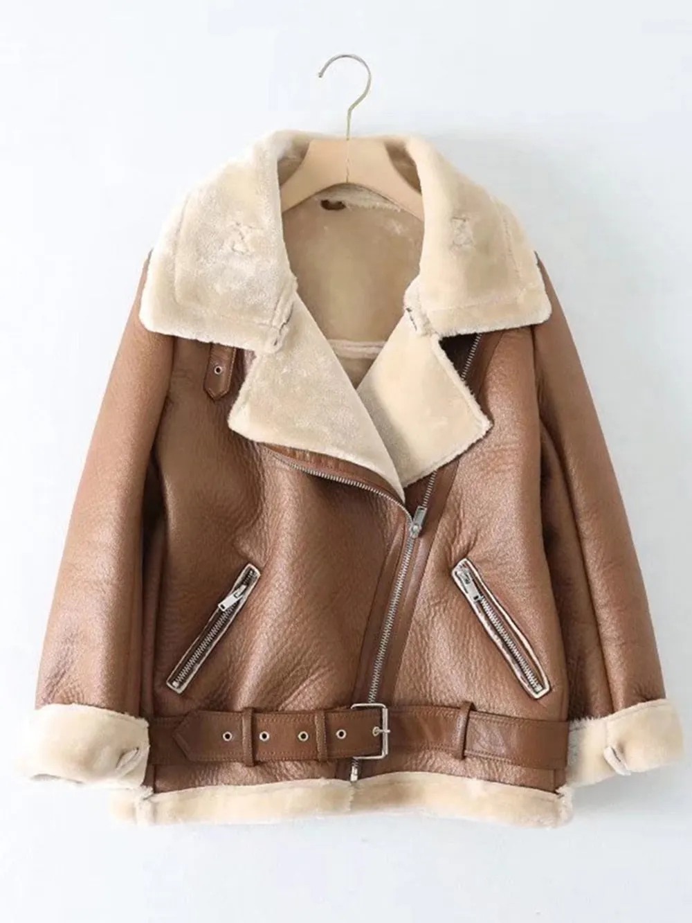 Turn Down Collar Faux Leather Long-Sleeved Belted Jacket