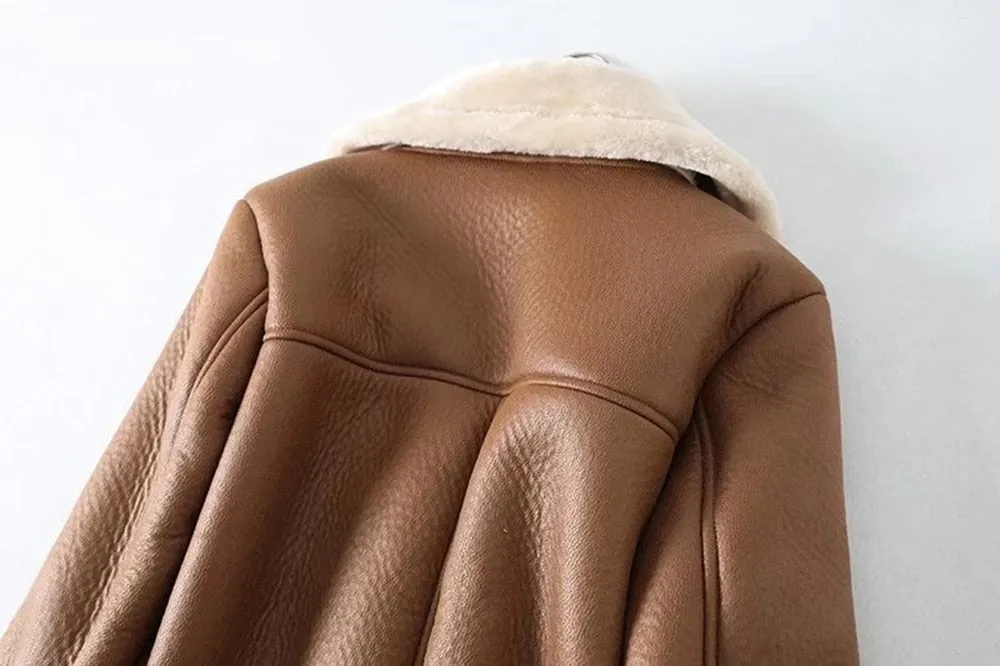 Turn Down Collar Faux Leather Long-Sleeved Belted Jacket