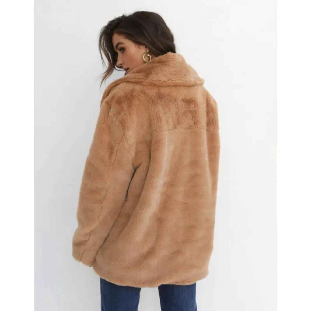 Turn Down Collar Soft Fur Coat