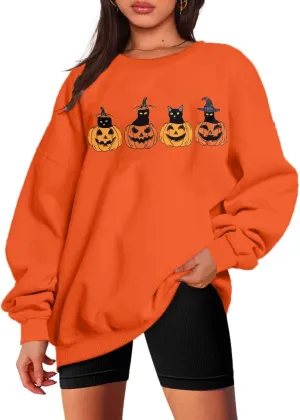 UNIQUEONE Halloween Sweatshirt Women Oversized Black Cat Pumpkin Sweatshirt Fall Pumpkin Face Pullover Tops