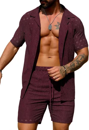 URRU Men's 2 Pieces Outfits Summer Beach Set See Through Sheer Short Sleeve Flower Lace Shirts and Shorts Sets