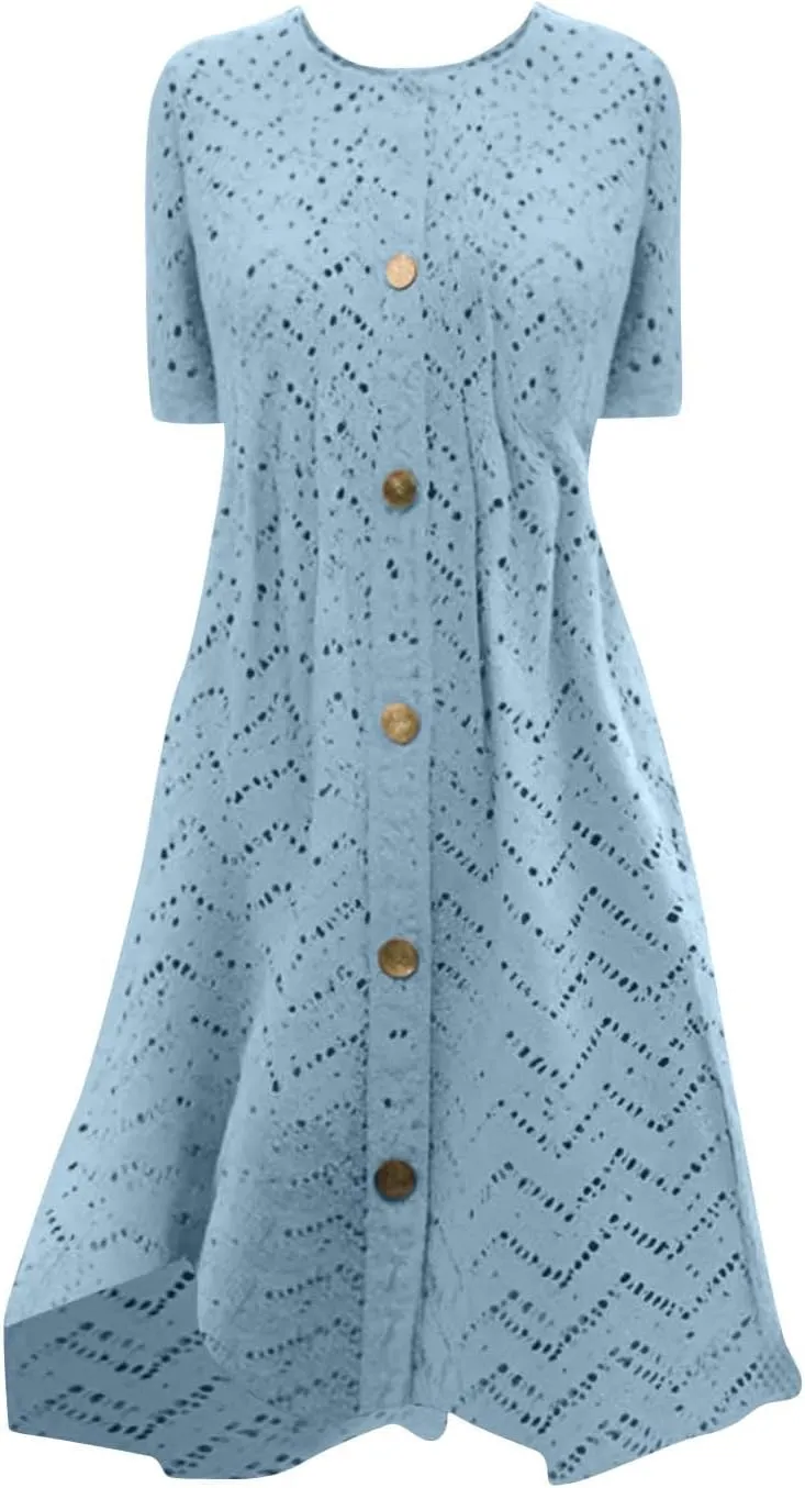 Vacation Dress for Women Summer Casual Mini Beach Vacation Dresses Short Sleeve Button Down Shirts Dress with Pocket