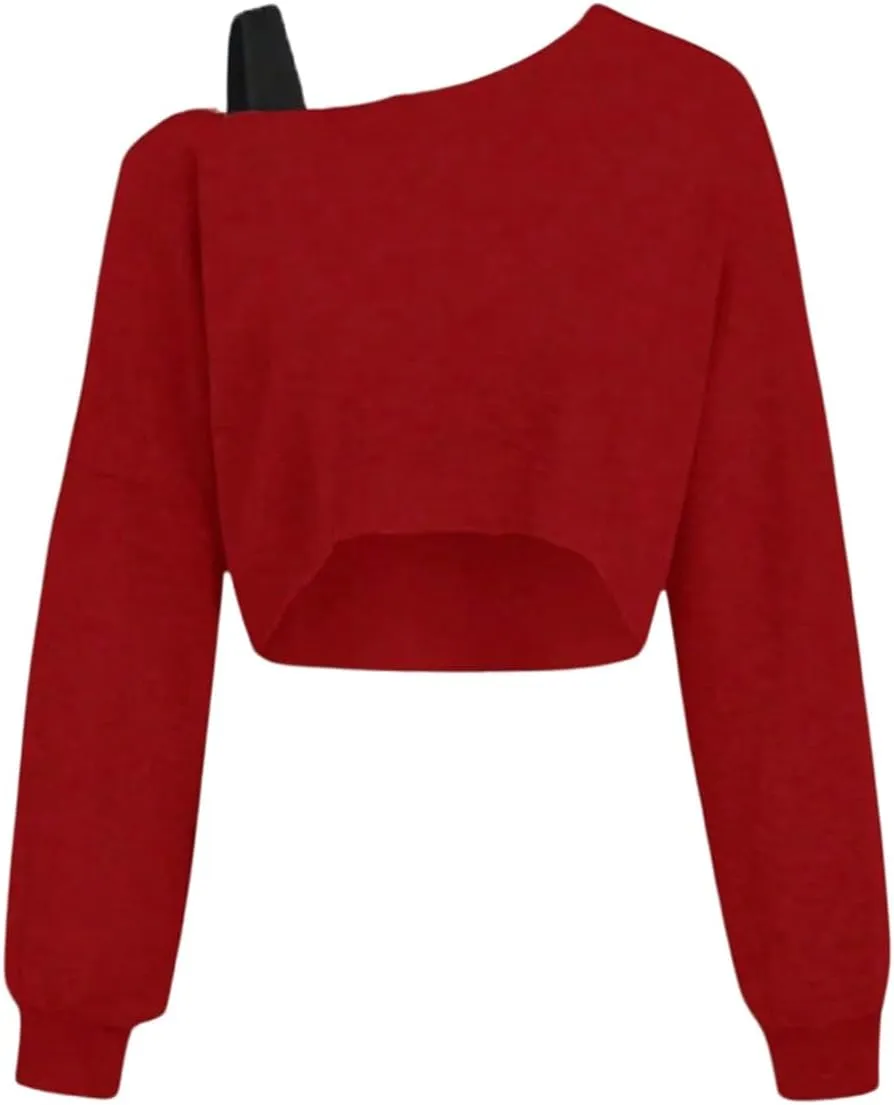 Verdusa Girl's Y2k Off The Shoulder Crop Tops Asymmetrical Neck Fall Athletic Sweatshirts
