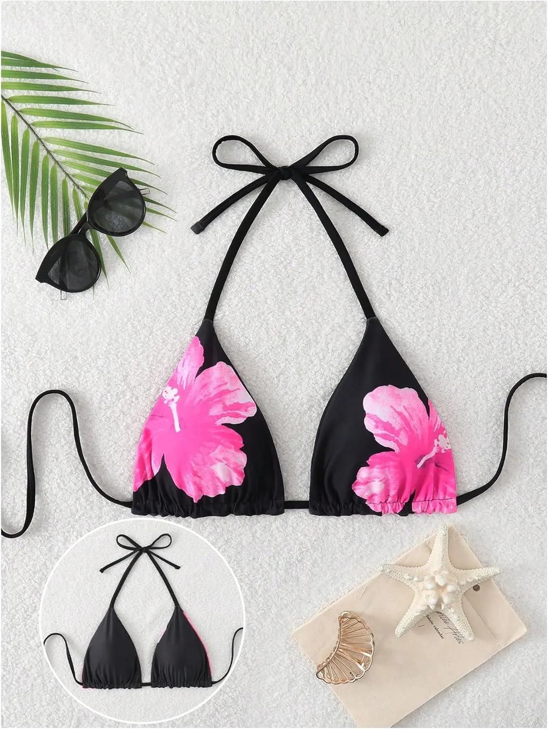 Verdusa Women's Reversible Floral Print Triangle Halter Bikini Tops Tie Backless Swimwear Top