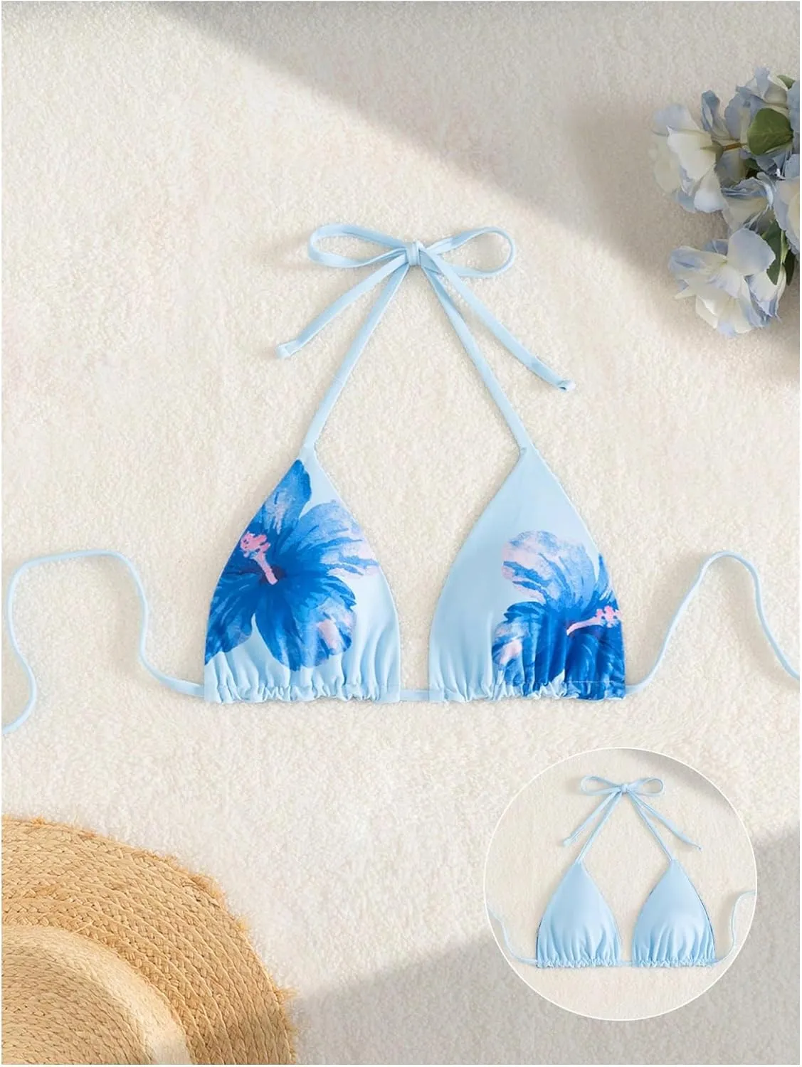 Verdusa Women's Reversible Floral Print Triangle Halter Bikini Tops Tie Backless Swimwear Top