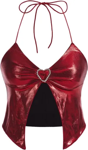 Verdusa Women's Y2K Tops Heart Rhinestone Backless Ruched Cami Asymmetrical Split Crop Halter Top