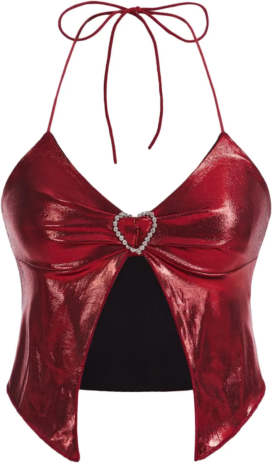 Verdusa Women's Y2K Tops Heart Rhinestone Backless Ruched Cami Asymmetrical Split Crop Halter Top