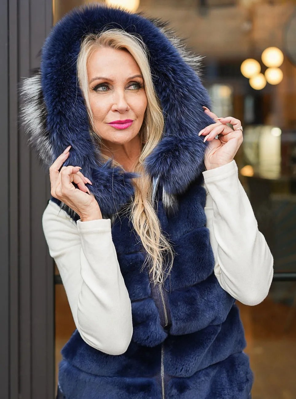 Vest With Rabbit Down Front Fox Trim Hood [Navy-VTMK12]