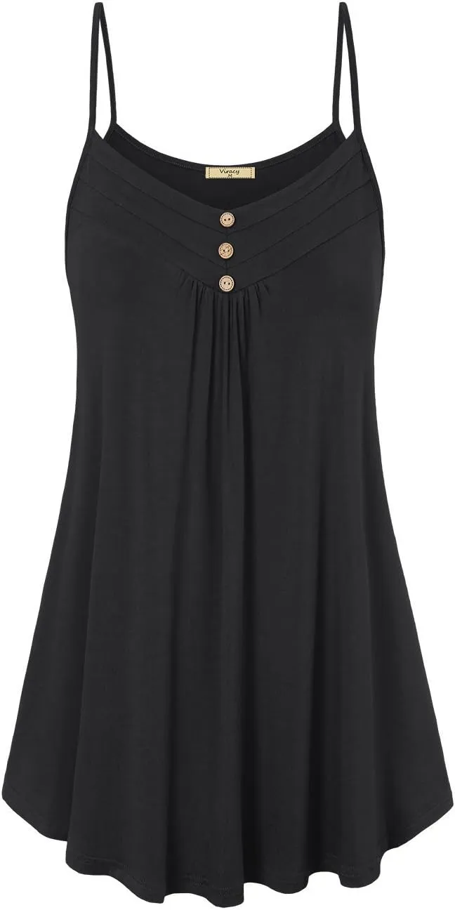 Viracy Women's Summer Button V Neck Pleated Spaghetti Strap Camisole Tank Tops (M-3XL)