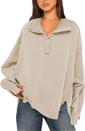 Wanzetaly Women's Oversized Sweatshirt Button Henley Neck Hoodies Long Sleeve Pullover Tops 2024 Outfits