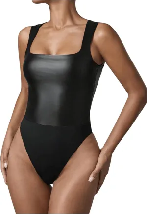 WDIRARA Women's PU Leather Bodysuit Tank Tops Square Neck Sleeveless Slim Fit Leotard Top