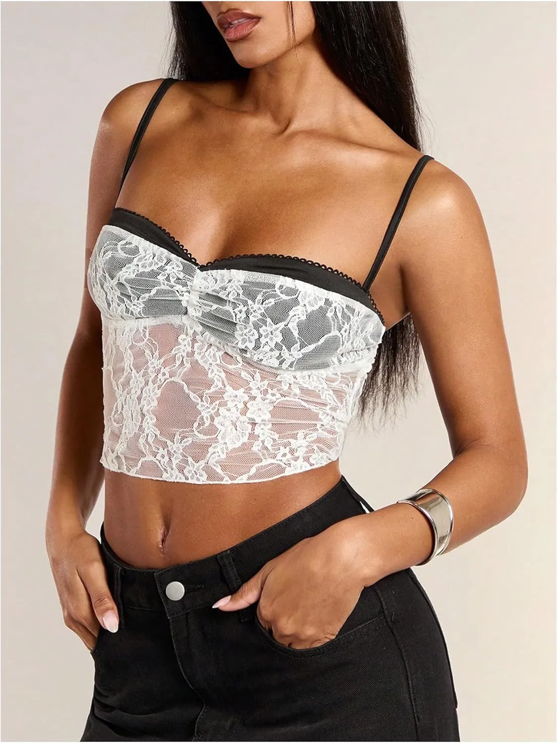 WDIRARA Women's Y2k Lace Camisole Crop Tops Y2k Sexy Spaghetti Strap Cami Top