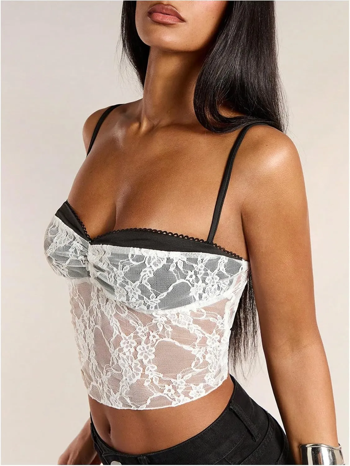WDIRARA Women's Y2k Lace Camisole Crop Tops Y2k Sexy Spaghetti Strap Cami Top