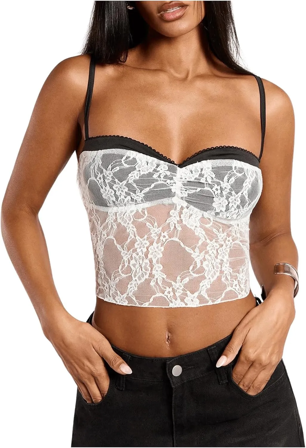 WDIRARA Women's Y2k Lace Camisole Crop Tops Y2k Sexy Spaghetti Strap Cami Top
