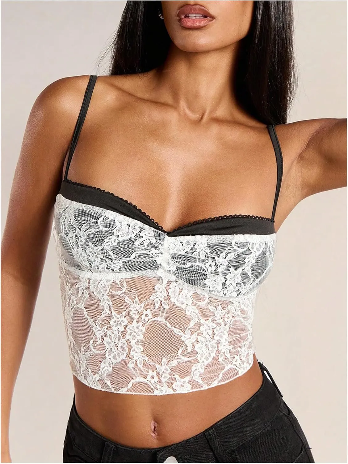 WDIRARA Women's Y2k Lace Camisole Crop Tops Y2k Sexy Spaghetti Strap Cami Top