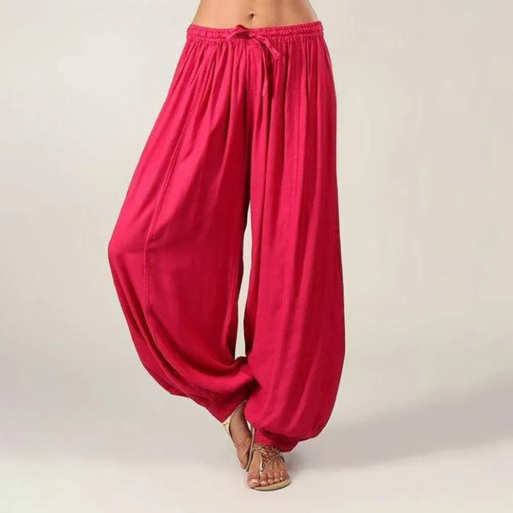 White Linen Pants Women| Wide Leg Dressy Baggy Beach Harem Pants with Pockets Solid Yoga Palazzo Pants for Women