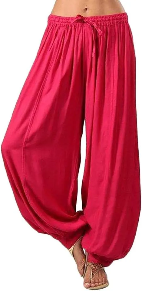 White Linen Pants Women| Wide Leg Dressy Baggy Beach Harem Pants with Pockets Solid Yoga Palazzo Pants for Women