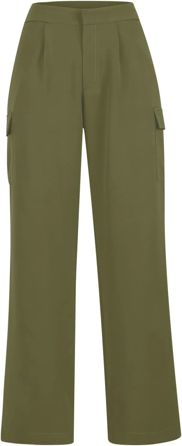 Wide Leg Cargo Pants for Women High Waist Straight Trousers Lightweight Business Casual Dress Pants with Pockets